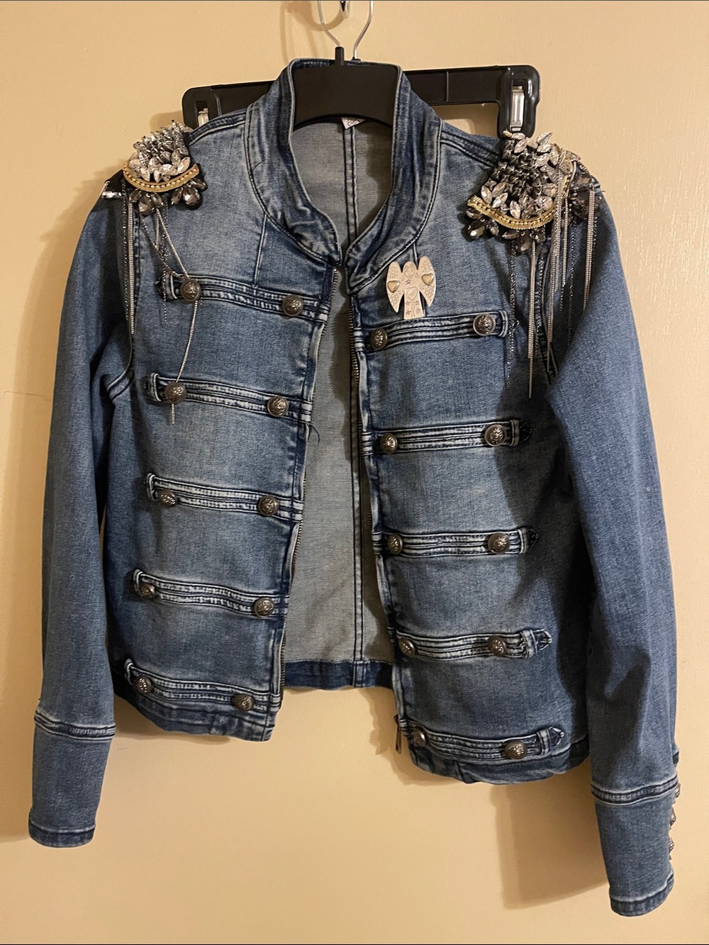 Tempo Paris Blue Embellished Denim Military Jacket